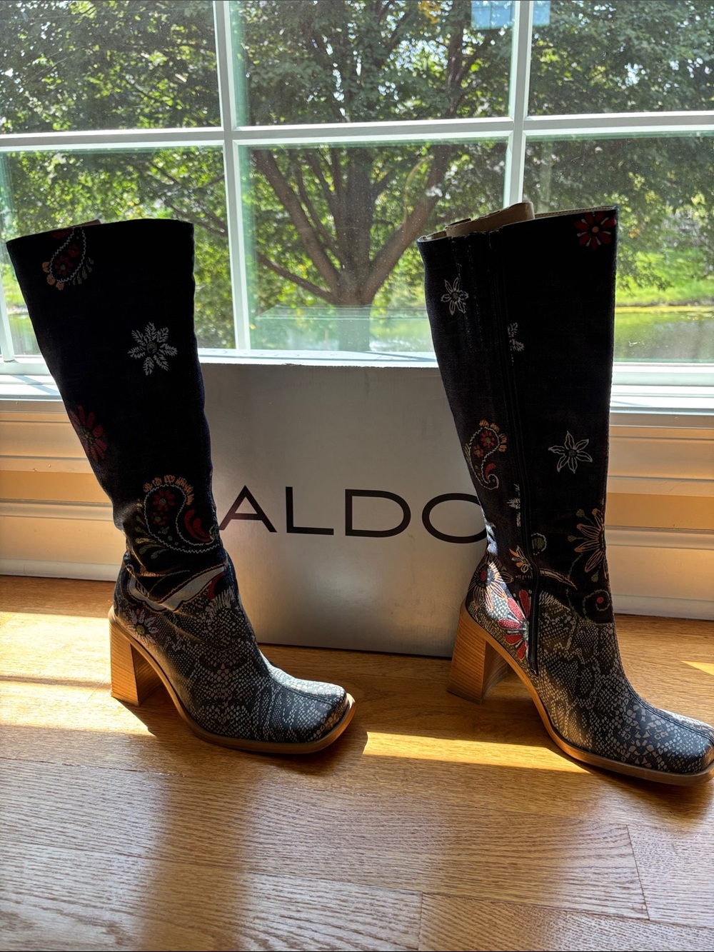ALDO Black Floral Embroidered Snake-Print Mid-Calf Block Heel Boots